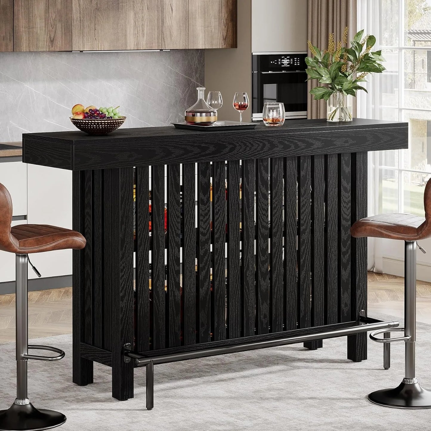 63-Inch Large Bar Unit,2-Tier Kitchen Island Mini Bar Height Pub Table with Footrest, Modern Coffee Bar Cabinet