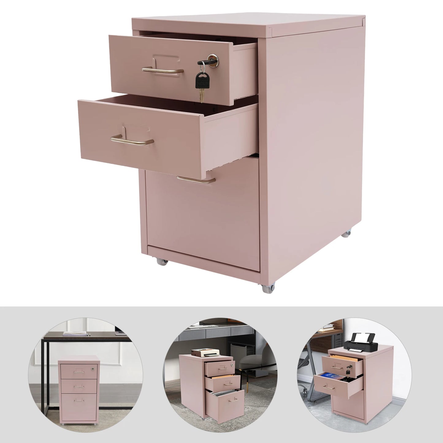 3 Tiers Rectangular Steel Vertical File Cabinet,Pink/White/Black