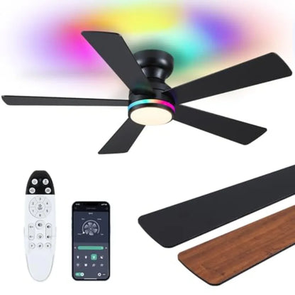 Black Ceiling Fans with Lights - 46" Flush Mount Ceiling Fan with Remote and 5 Reversible Blades, 3CCT Dimmable, 6 Wind Speedsa