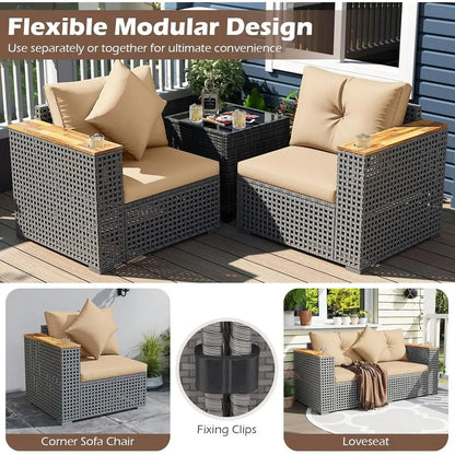 Outdoor Wicker Loveseat with Wood Armrests & Cup Holders