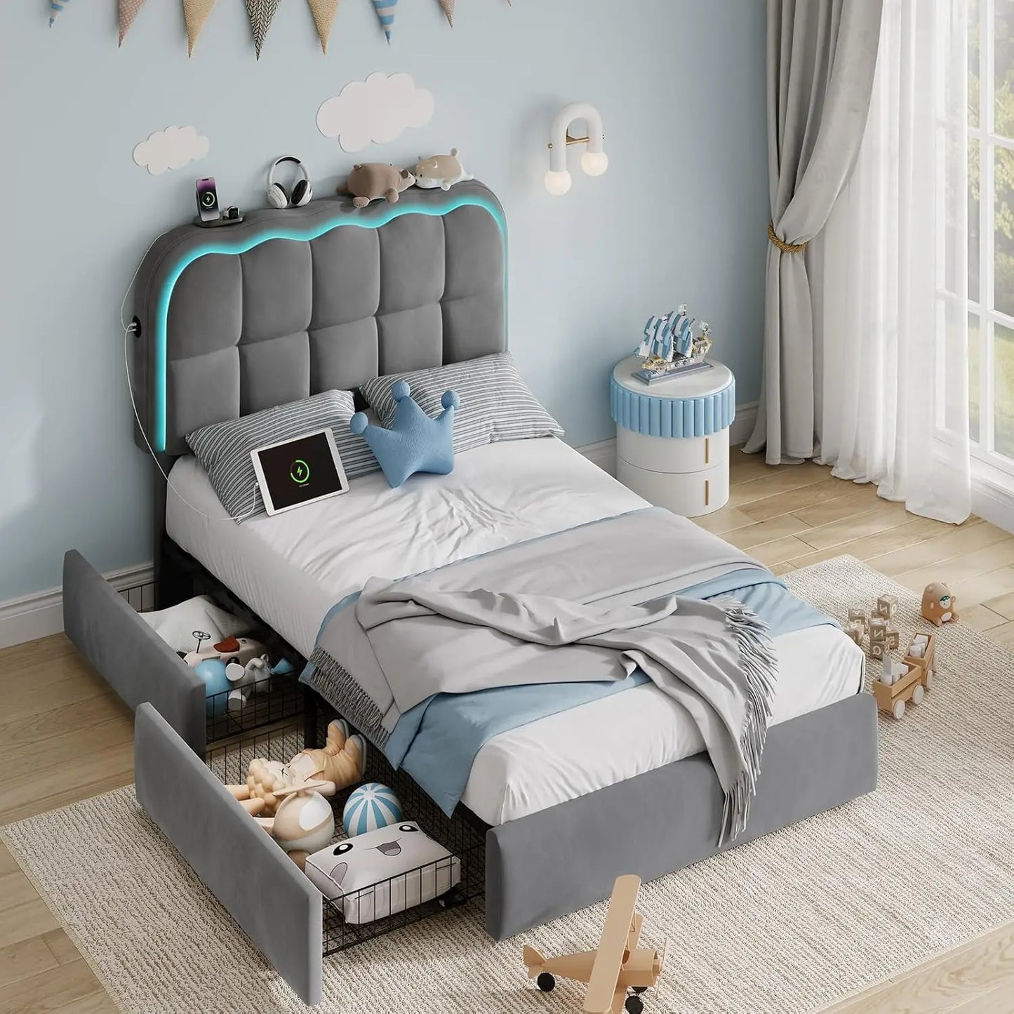 Twin Bed Frame with Storage Drawers and Headboard,