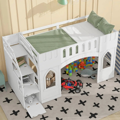 Twin size Low Loft Bed with Stairs, Storage Staircase and Window,