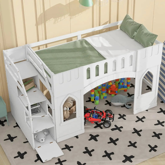 Twin size Low Loft Bed with Stairs, Storage Staircase and Window,