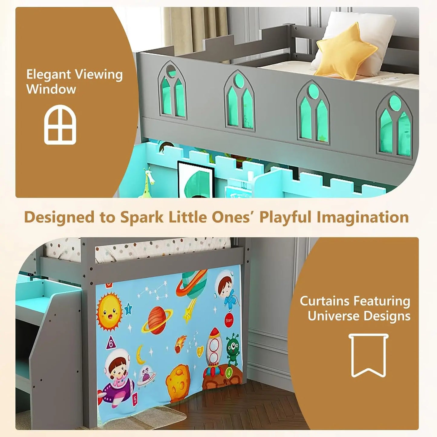 , Wooden Twin Loft Childs Bed with Stairs, Safety Guardrail & Curtain