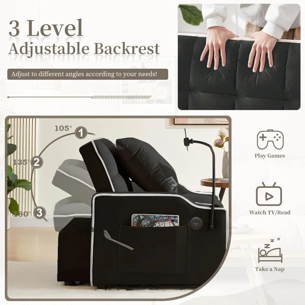 3-in-1 Velvet Sleeper Sofa Bed with USB Ports & Phone Holder