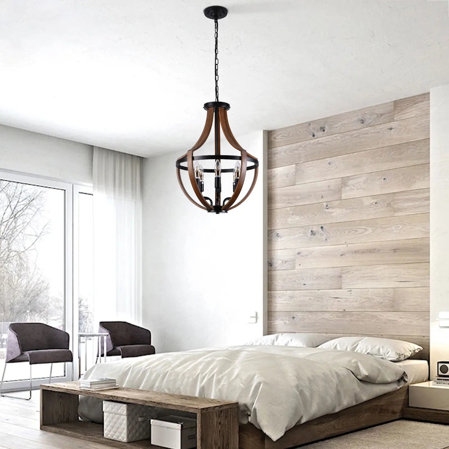 Modern Rustic Wooden Pendant Light Fixture - 17 Inch Diameter - Handmade Natural Wood