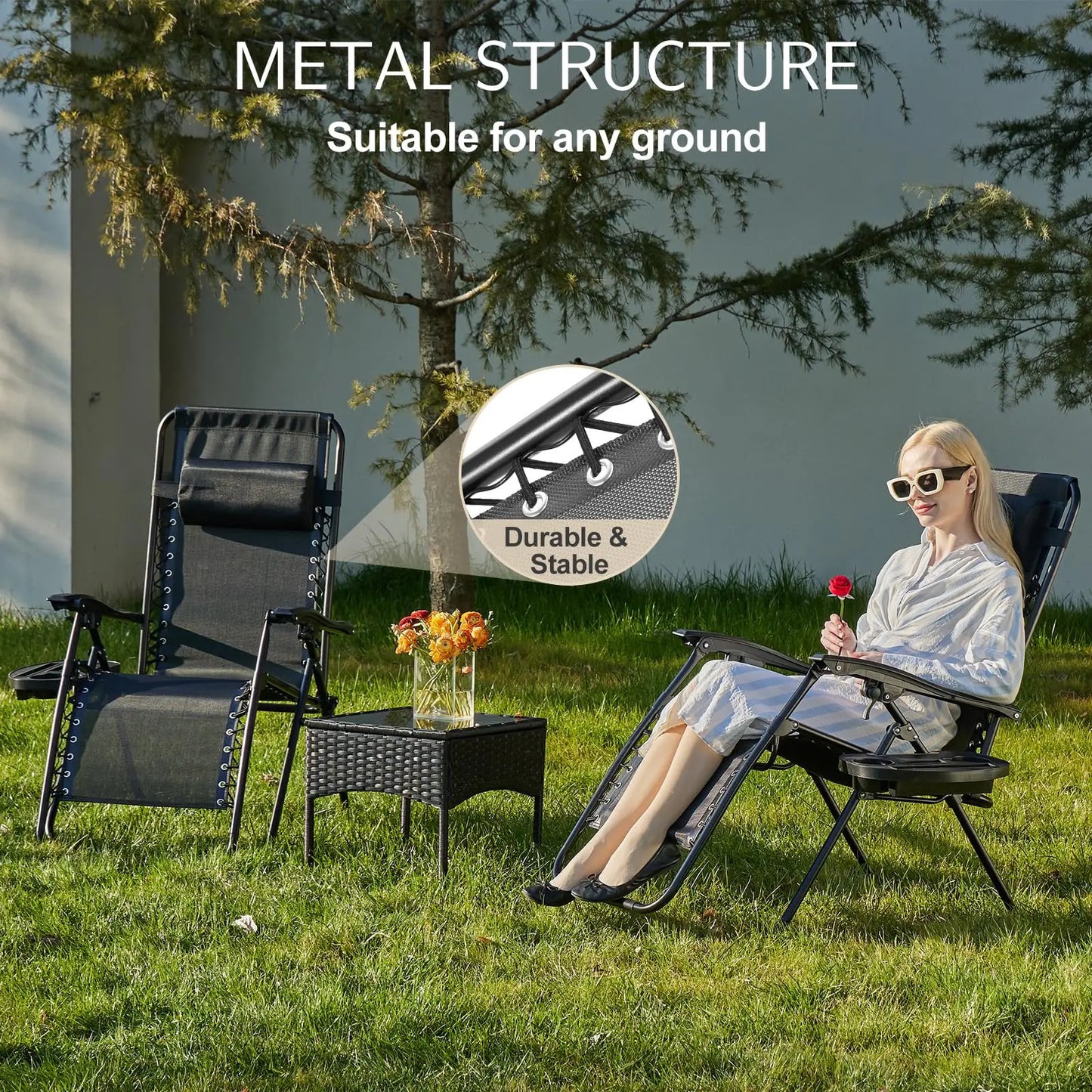 Set of 2 Portable Outdoor Garden Recliners with Cup Holder and Adjustable Pillow