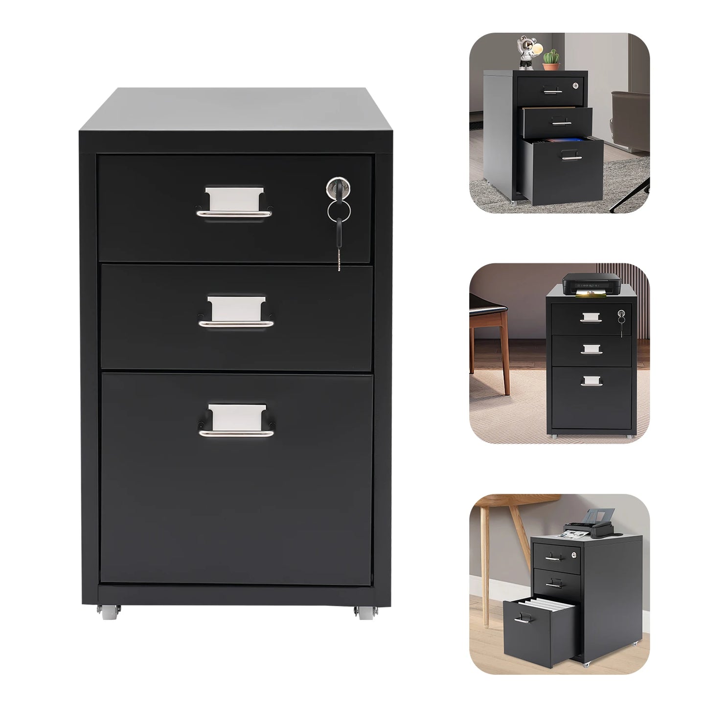 3 Tiers Rectangular Steel Vertical File Cabinet,Pink/White/Black