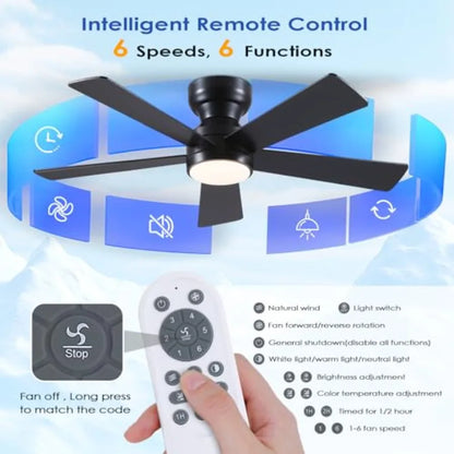 Black Ceiling Fans with Lights - 46" Flush Mount Ceiling Fan with Remote and 5 Reversible Blades, 3CCT Dimmable, 6 Wind Speedsa