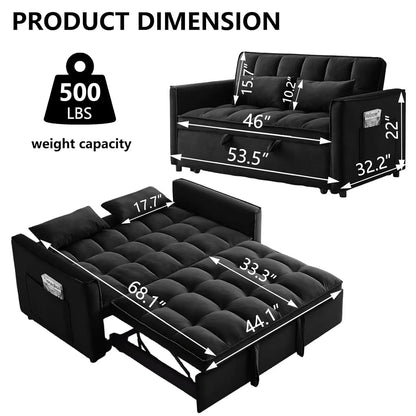 53'' Convertible Sleeper Sofa Bed, Modern Velvet Fabric, Adjustable Backrest, Side Pocket and 2 Pillows,