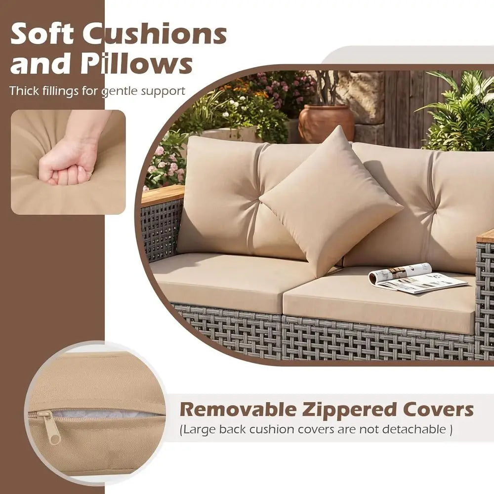 Outdoor Wicker Loveseat with Wood Armrests & Cup Holders