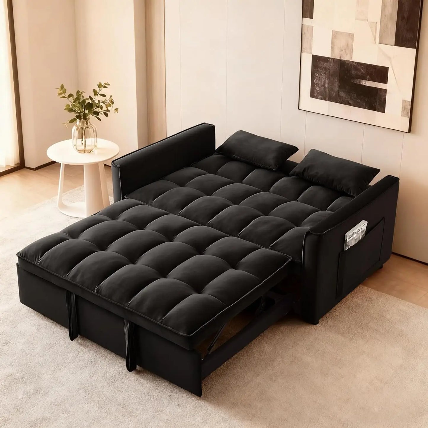 53'' Convertible Sleeper Sofa Bed, Modern Velvet Fabric, Adjustable Backrest, Side Pocket and 2 Pillows,