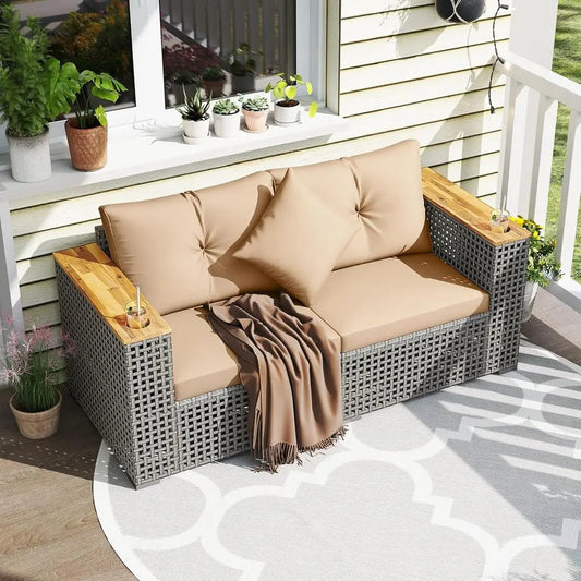 Outdoor Wicker Loveseat with Wood Armrests & Cup Holders