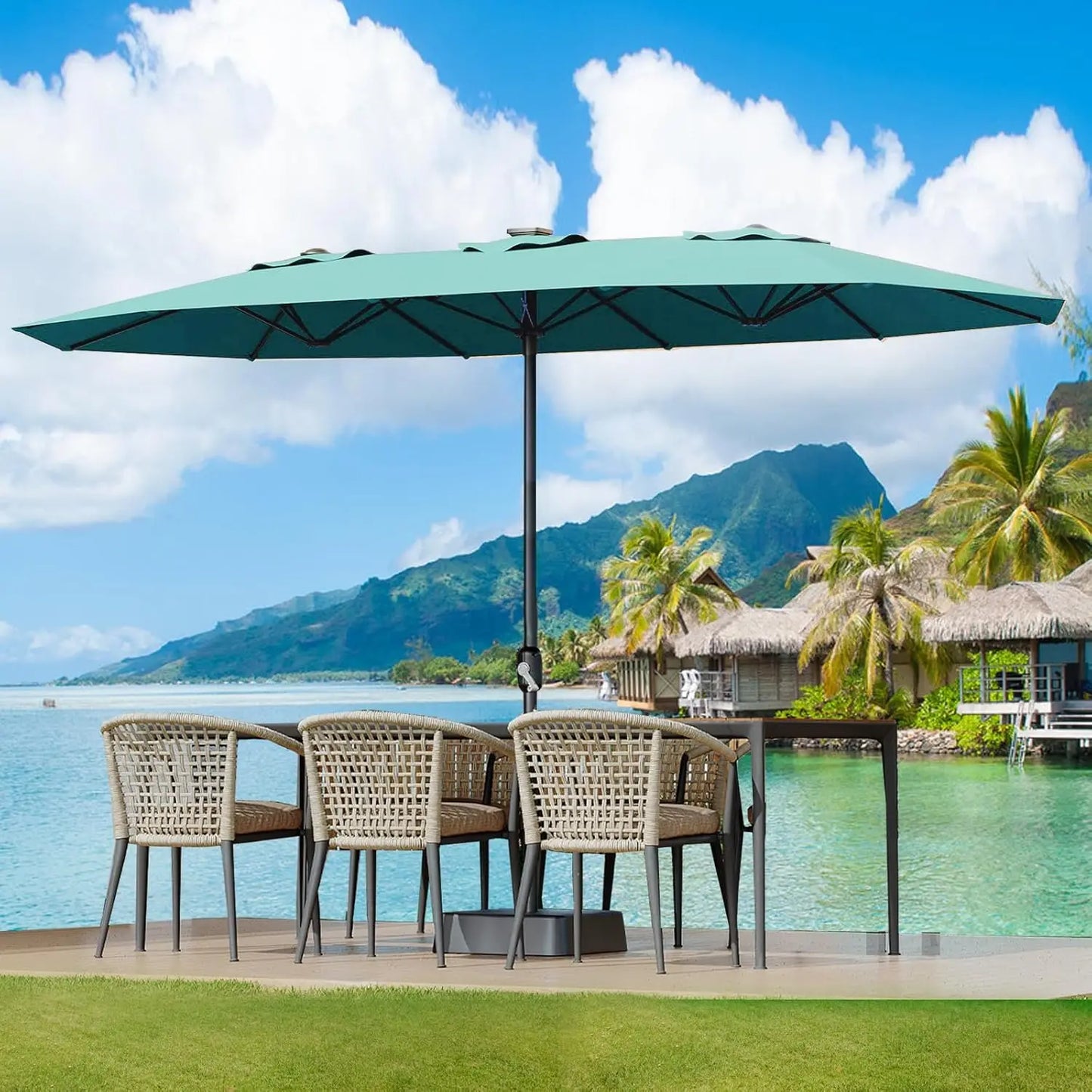 Large 15 X 9 ft Rectanglular Umbrella with Cross Base and Sandbag for Pool Lawn & Garden