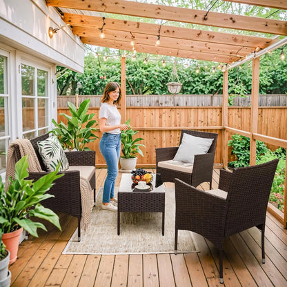 4 Pieces Outdoor Patio Furniture Sets Rattan Chair Wicker Set,Outdoor Indoor Use Backyard Porch
