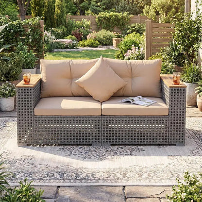 Outdoor Wicker Loveseat with Wood Armrests & Cup Holders