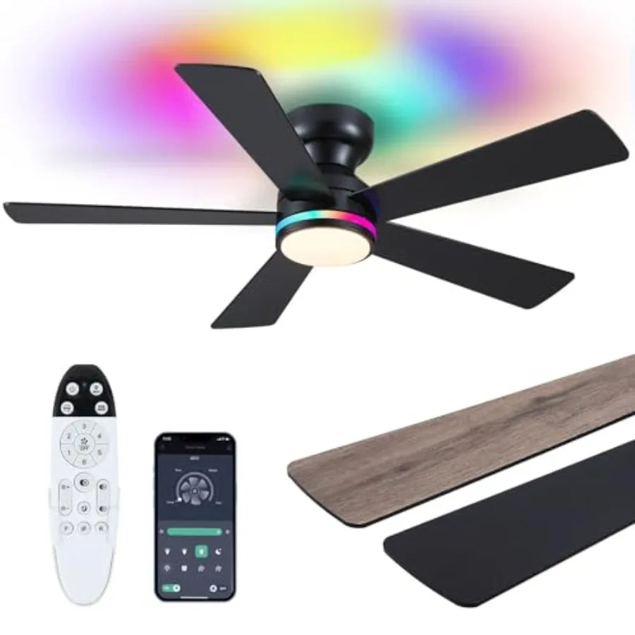 Black Ceiling Fans with Lights - 46" Flush Mount Ceiling Fan with Remote and 5 Reversible Blades, 3CCT Dimmable, 6 Wind Speedsa