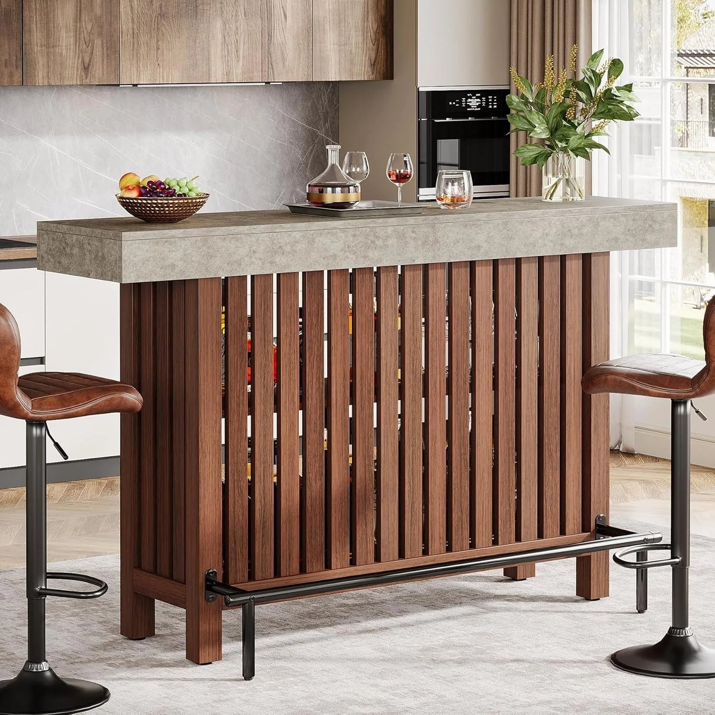63-Inch Large Bar Unit,2-Tier Kitchen Island Mini Bar Height Pub Table with Footrest, Modern Coffee Bar Cabinet