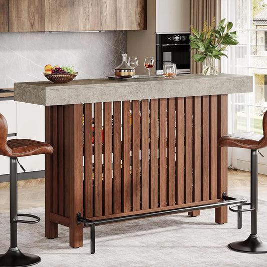 63-Inch Large Bar Unit,2-Tier Kitchen Island Mini Bar Height Pub Table with Footrest, Modern Coffee Bar Cabinet