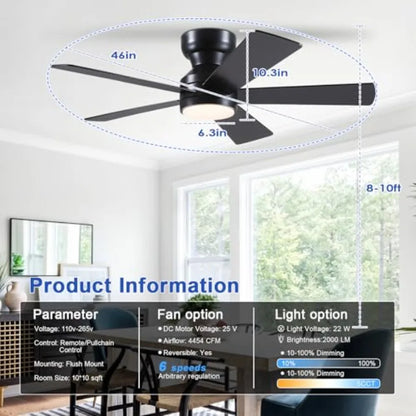 Black Ceiling Fans with Lights - 46" Flush Mount Ceiling Fan with Remote and 5 Reversible Blades, 3CCT Dimmable, 6 Wind Speedsa