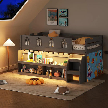 , Wooden Twin Loft Childs Bed with Stairs, Safety Guardrail & Curtain