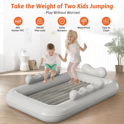 Toddler Travel Bed with Tent Foldable Portable Toddler Bed Cot Blow Up Kids Air Mattress with Safety Bumper, Pump Carry Bag Indo