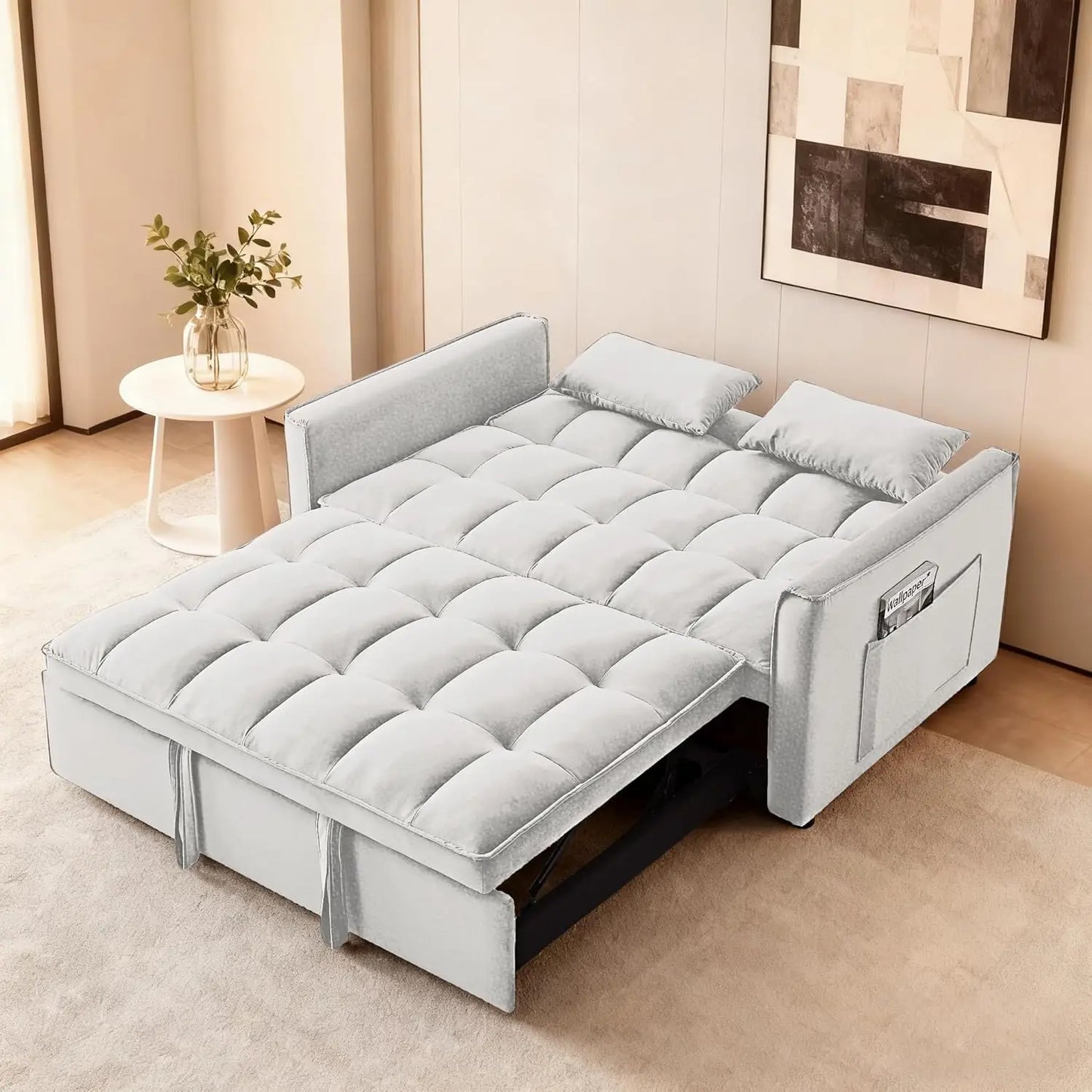 53'' Convertible Sleeper Sofa Bed, Modern Velvet Fabric, Adjustable Backrest, Side Pocket and 2 Pillows,