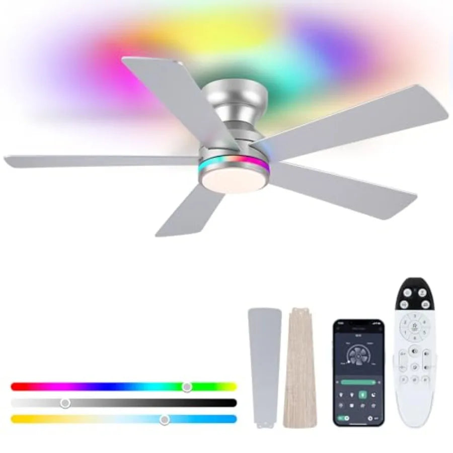 Black Ceiling Fans with Lights - 46" Flush Mount Ceiling Fan with Remote and 5 Reversible Blades, 3CCT Dimmable, 6 Wind Speedsa